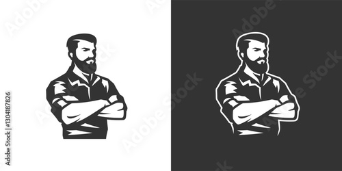 Barbershop hipster brutal male coiffure minimalist icon for logo set vector illustration. Barber shop fashionable man with crossed hands shaving gentleman grooming service monochrome badge