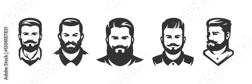 Brutal man with beard and mustache portrait barbershop icon set vector illustration. Barber shop male strong portrait hipster fashion hairstyle coiffure gentleman grooming service monochrome badge
