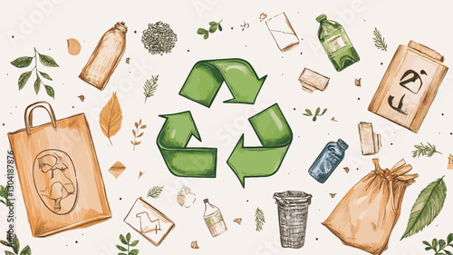 Watercolor-style illustration featuring a large green recycle symbol at the center.  Surrounding the symbol are various hand-drawn images of recyclable and reusable items such as paper