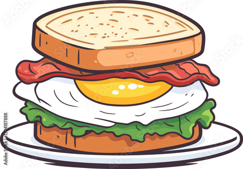 Delicious breakfast sandwich with bacon, egg, and fresh lettuce on toasted bread served on a plate cartoon isolated on transparent background. Vector illustration.