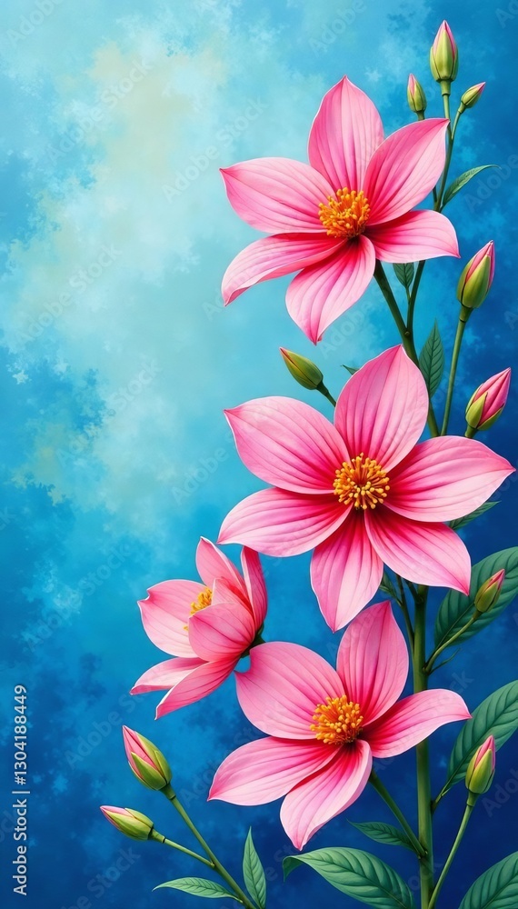 Obraz premium - Vibrant watercolour painting of pink and orange flowers against a blue background, flowers, background