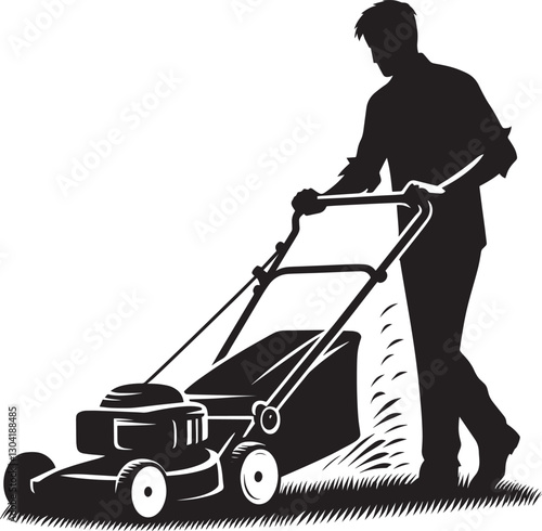 A Person Mowing Lawn with a Lawn Mower Silhouette Vector Illustration