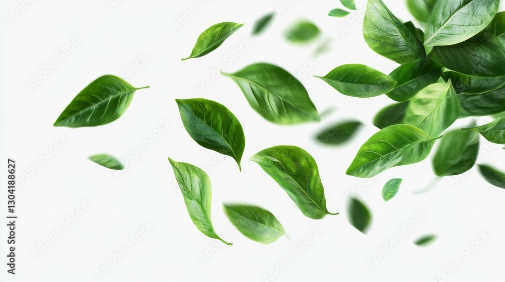 Fototapeta premium Green Leaves Falling Against a White Background