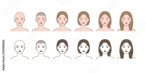 Changes in hair length_bald head, short, medium(middle), long hair_front