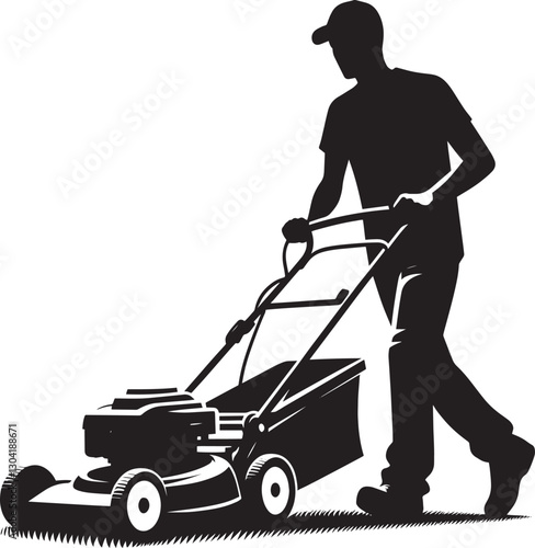 A Person Mowing Lawn with a Lawn Mower Silhouette Vector Illustration