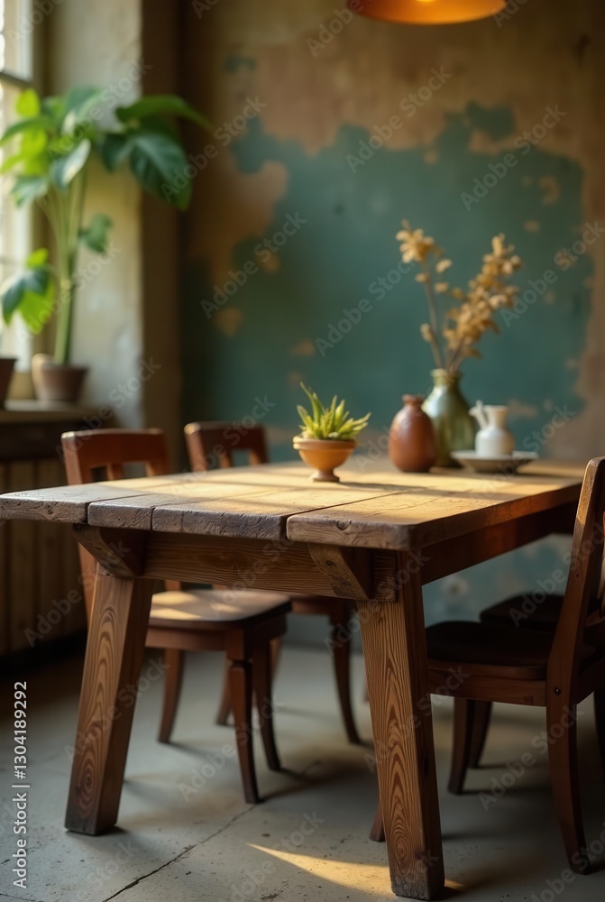 Obraz premium Rustic Wooden Farmhouse Table Setting with Dried Flowers and Greenery in a Sunlit Room