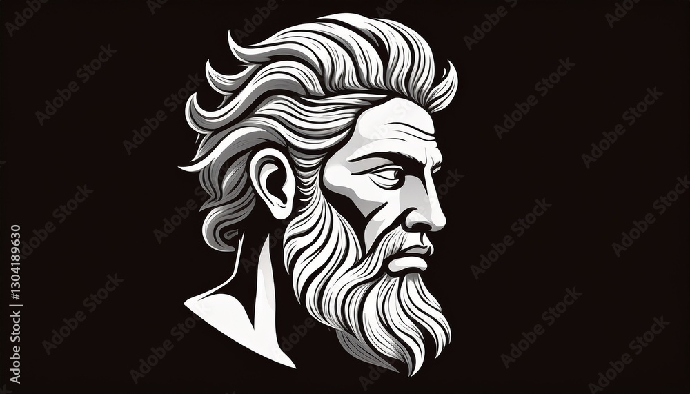 A head of ancient Greek man, symbol of strength, logo like, beard, facial hair A head of ancient Greek man, symbol of strength, logo like, beard, facial hair