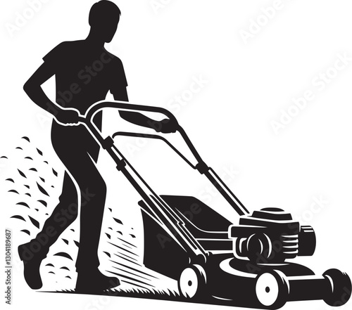 A Person Mowing Lawn with a Lawn Mower Silhouette Vector Illustration