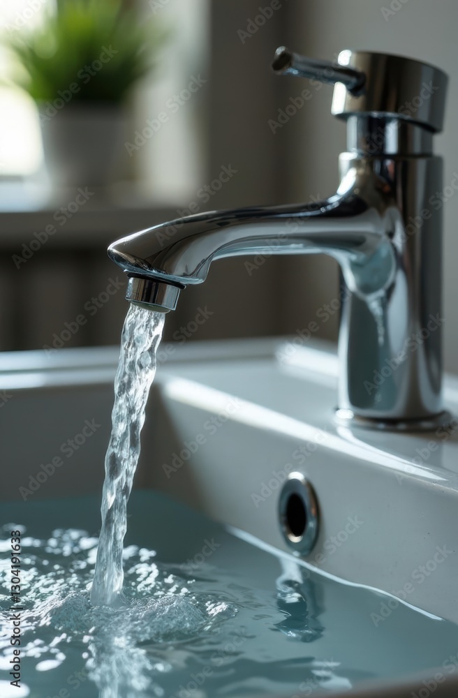 Chrome faucet pouring water into sink, filling basin in bathroom Chrome faucet pouring water into sink, filling basin in bathroom