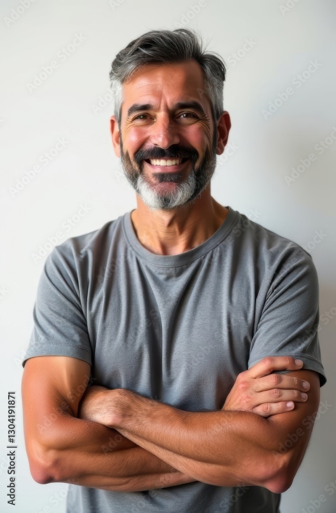Obraz premium Portrait of smiling bearded man with crossed arms on white background