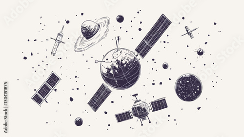 A hand-drawn illustration depicting a stylized representation of space exploration.  The illustration features a central, slightly distressed-looking Earth-like planet surrounded by several