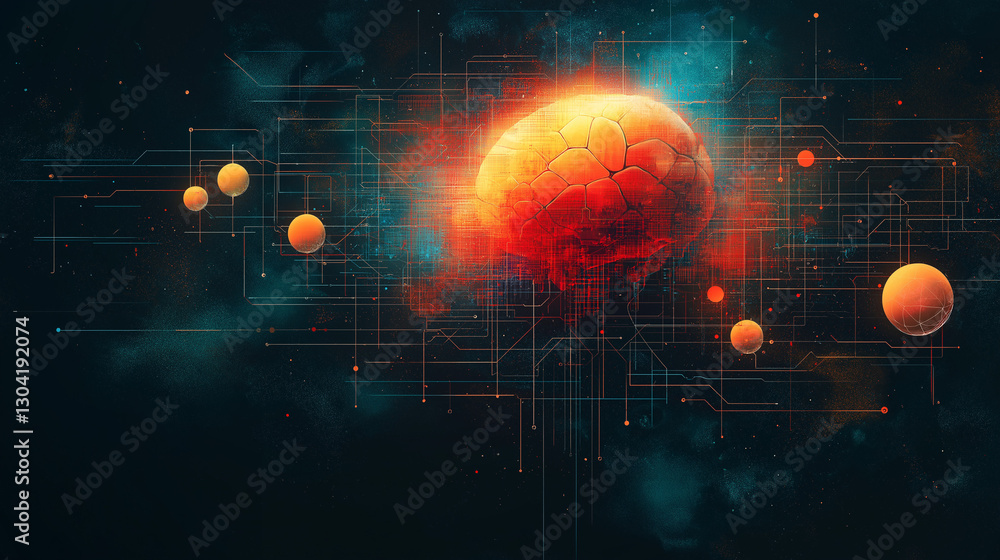 Obraz premium Abstract circuitry with thought bubbles and maze lines exploring generative AI's influence on critical thinking.