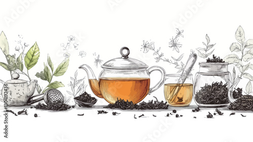 A horizontal illustration depicting a glass teapot filled with amber-colored tea, a smaller glass cup of tea, a jar of loose tea leaves, and various herbs and flowers. The style is a