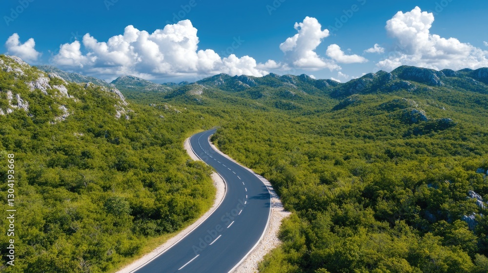 Obraz premium Serene mountain highway winding through lush green forest under blue sky with fluffy clouds