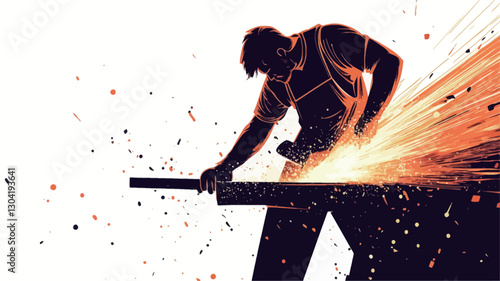 A stylized illustration depicting a blacksmith working at an anvil. The image is primarily composed of a dark silhouette of the blacksmith against a bright white background.  The blacksmith