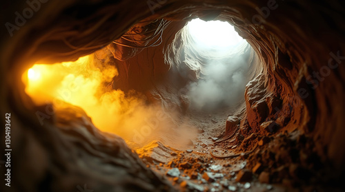 Sculptural clay art in extreme macro close-up, showing a mysterious underground drainage tunnel filled with soft mist and golden sunlight. Bright vibrant colors, thick fog, and low visibility.