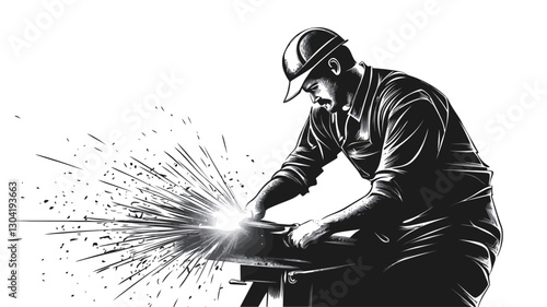 A black and white illustration depicts a male worker wearing a hard hat, intensely focused on welding a piece of metal.  The image is rendered in a graphic style with heavy use of shading