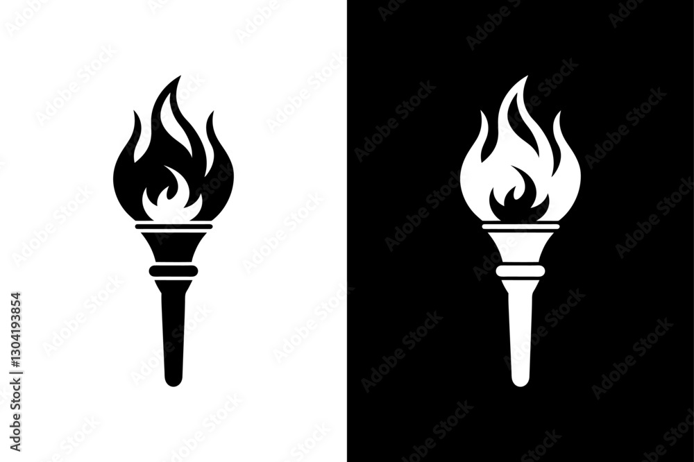 Stylized Fire Torch Icon Elegant Black and White Silhouette Design. Stylized Fire Torch Icon Elegant Black and White Silhouette Design.