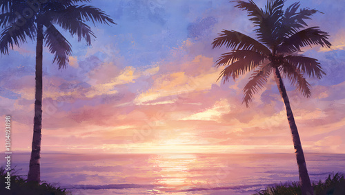 A beautiful painting of a tropical sunset features two palm trees framing the vibrant sky, with warm colors reflecting on the ocean.