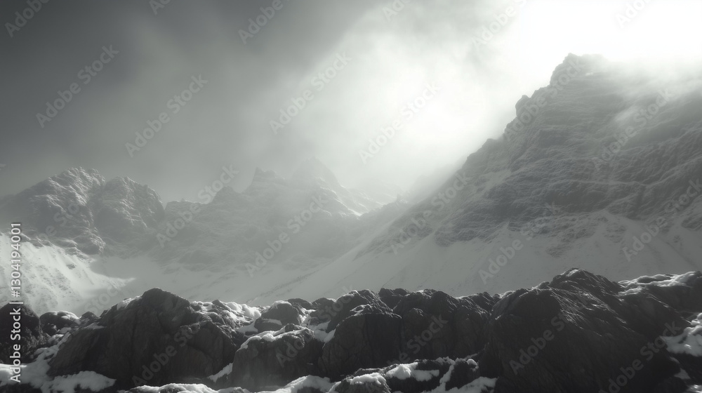 Fototapeta premium A black and white photo of a misty mountain range, with dramatic light and shadow, emphasizing the rugged landscape and creating a minimalist yet powerful atmosphere. 