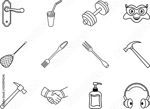 Collection of Diverse Line Icons Including Tools, Utensils, and Everyday Objects