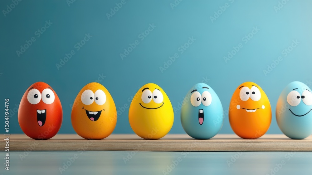 Colorful painted eggs with smiling faces on wooden surface against blue background. Easter, Pascha, Paskha, Ostern, Pascua, Paques - Orthodox and Catholic Holiday celebration Colorful painted eggs with smiling faces on wooden surface against blue background. Easter, Pascha, Paskha, Ostern, Pascua, Paques - Orthodox and Catholic Holiday celebration