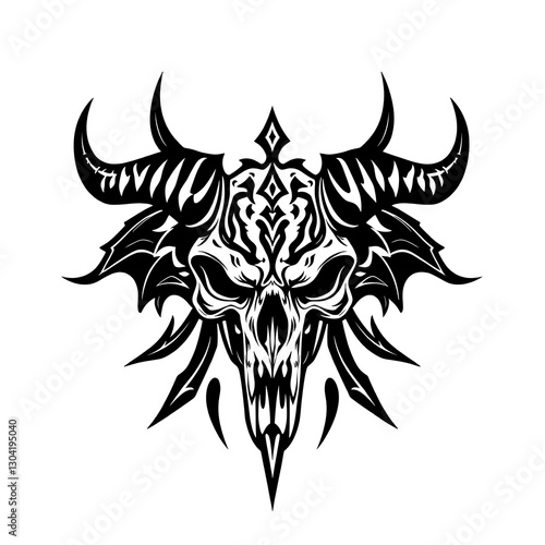 Intricate Demon Skull Tattoo in Tribal Style