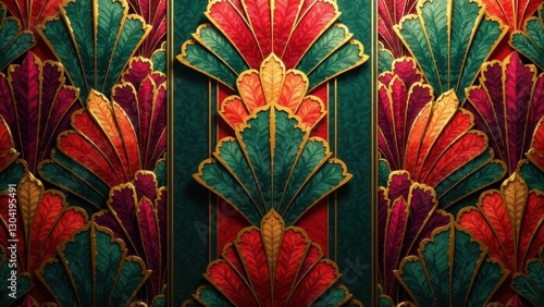 Opulent Decorative Panel with Intricate Fan-Shaped Leaf Motifs in Rich Jewel Tones