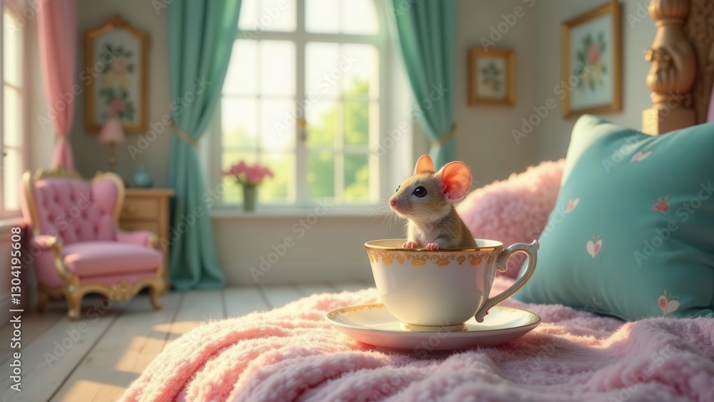 Adorable tiny rodent nestled inside a delicate teacup, resting on a soft pink blanket in a sunlit room with pastel decor Adorable tiny rodent nestled inside a delicate teacup, resting on a soft pink blanket in a sunlit room with pastel decor