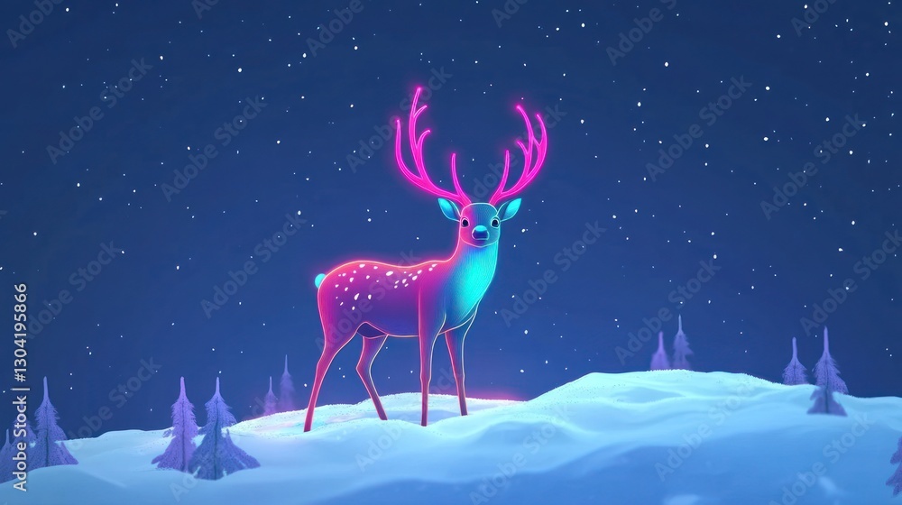 Neon deer winter snowy landscape night Neon deer winter snowy landscape night