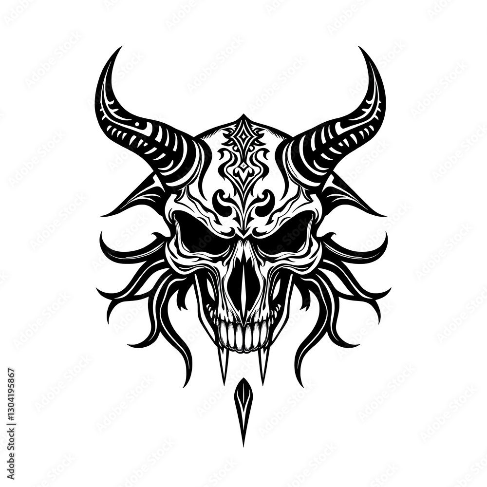 Fototapeta premium Black and White Horned Skull Tribal Tattoo Art