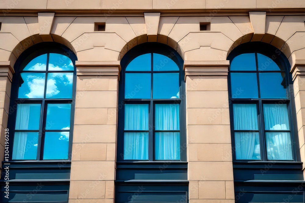 Obraz premium Beige Building Facade with Arch Windows and Blue Sky Reflections