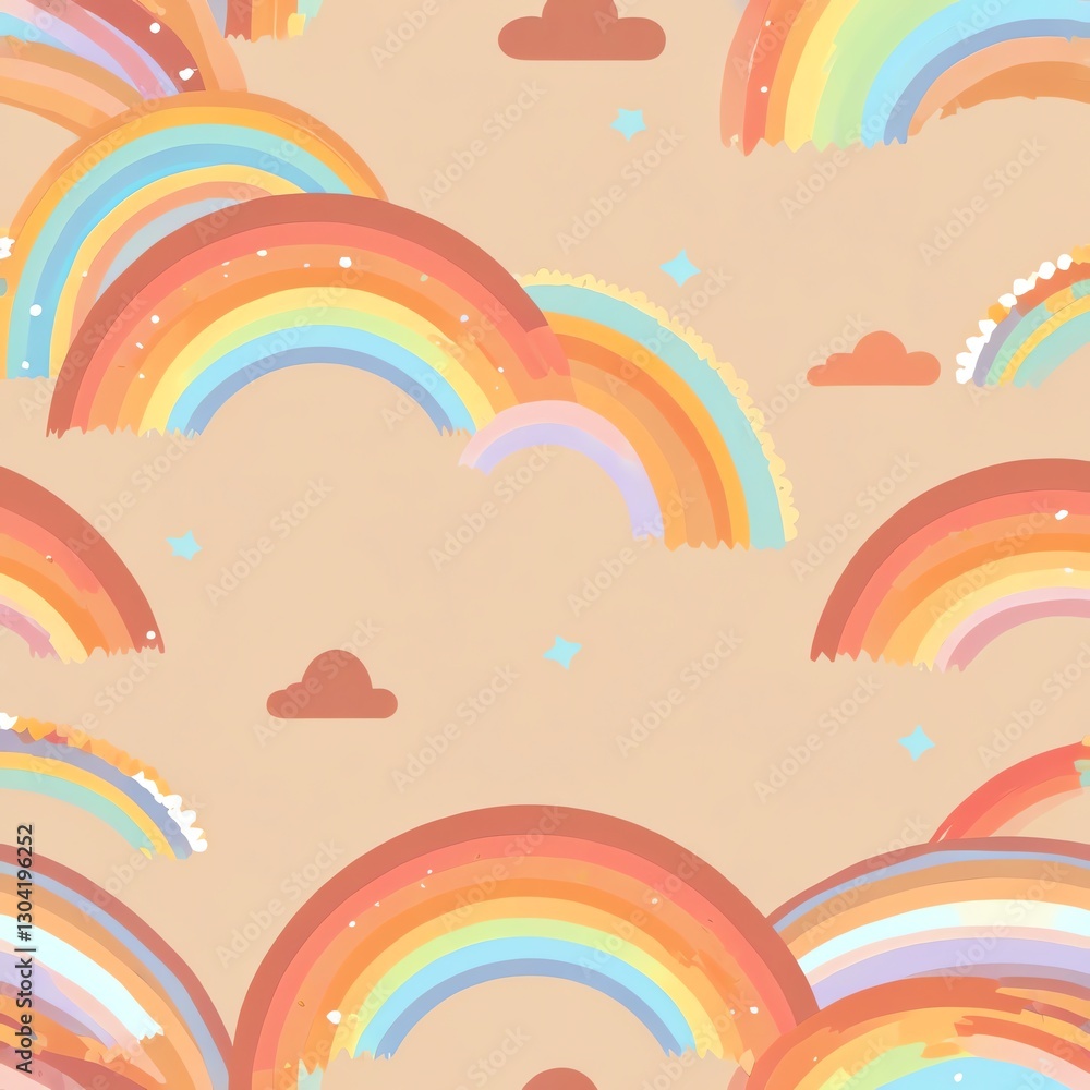 Pastel Rainbows Seamless Pattern: A Dreamy Illustration of Colorful Arcs Against a Beige Sky, Perfect for Kids' Room Decor or Fabric Prints Pastel Rainbows Seamless Pattern: A Dreamy Illustration of Colorful Arcs Against a Beige Sky, Perfect for Kids' Room Decor or Fabric Prints