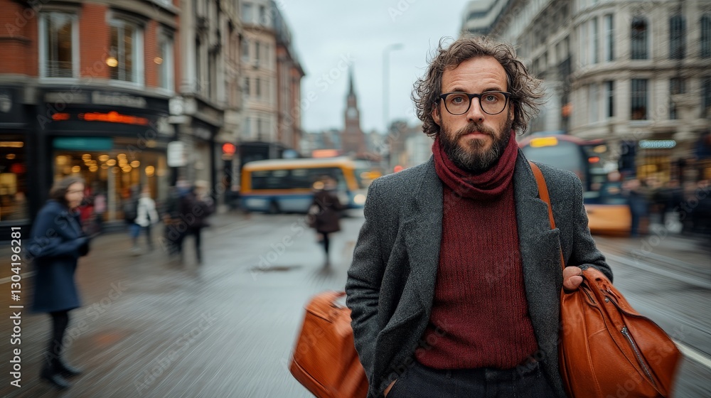 Stylish man with glasses and bags crossing busy city street Stylish man with glasses and bags crossing busy city street