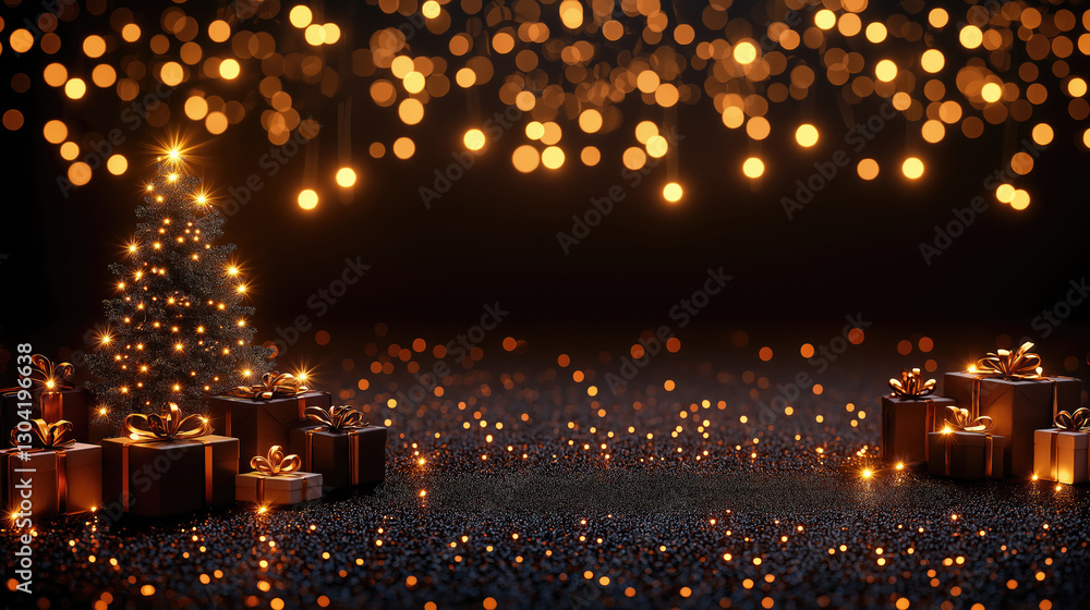 Obraz premium Sparkling christmas tree and presents under glowing golden lights. Merry Christmas, Nativity, Xmas, Noel, Navidad - Global Winter Holiday, Christian Religious Celebration. Happy New Year