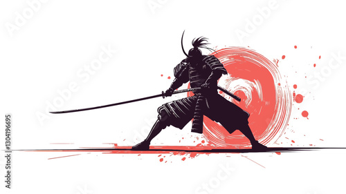 Vector illustration of a samurai warrior silhouette in a fighting stance, holding a katana. The background features an abstract red sun design with ink splatters. The style is minimalist