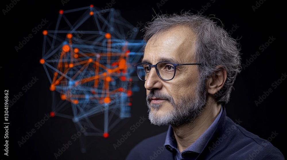 Thoughtful Man with Digital Network Visualization Background Thoughtful Man with Digital Network Visualization Background