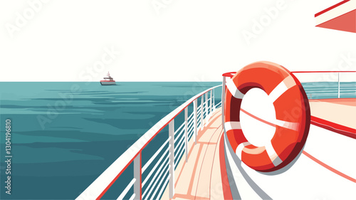 A stylized illustration depicting a section of a cruise ship's deck. The viewpoint is from the deck looking out to the ocean.  A life preserver is visible, hanging on the railing. The ocean
