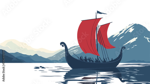 Stylized vector illustration depicting a Viking longship with red sails sailing on a calm sea. The ship is silhouetted against a backdrop of snow-capped mountains and a tranquil fjord. The