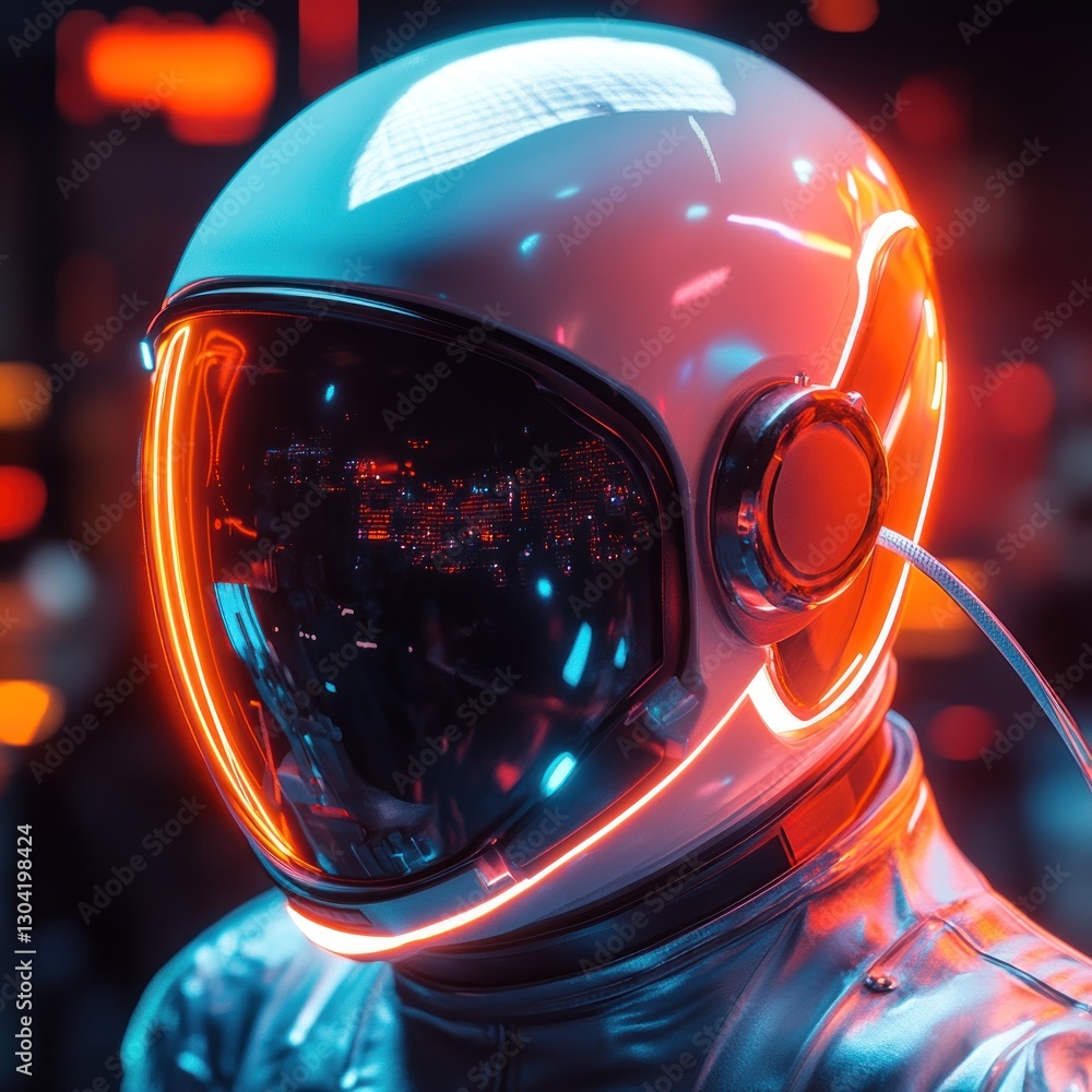 Futuristic astronaut with glowing helmet in neon city Futuristic astronaut with glowing helmet in neon city