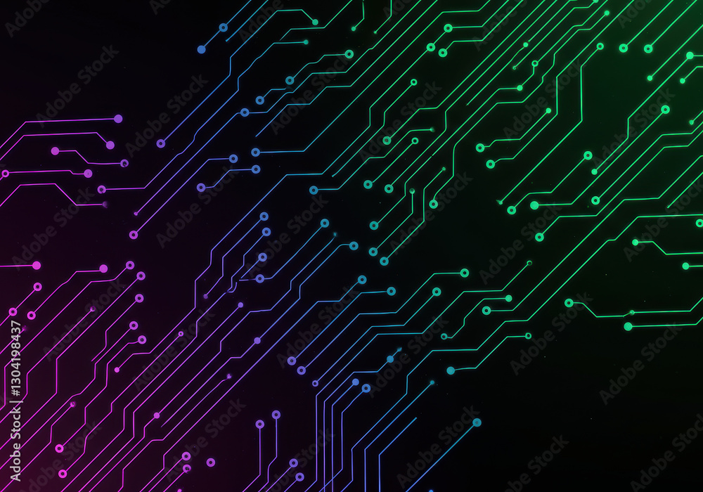 Colorful circuit board pattern against a dark backdrop, representing modern technology and data flow.