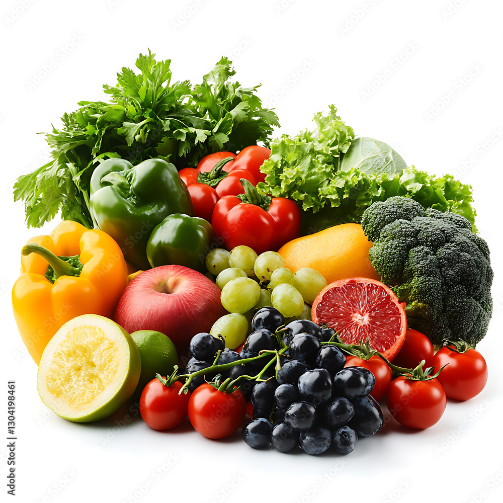 Fresh Organic Vegetables and Fruits on White Background (AI Generated) Fresh Organic Vegetables and Fruits on White Background (AI Generated)