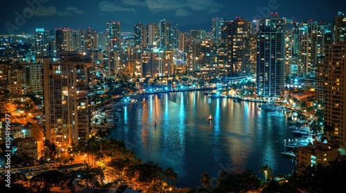 Honolulu cityscape at night reflecting in the harbor