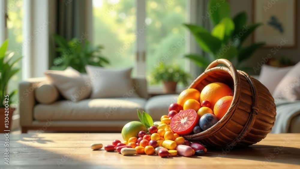 Fototapeta premium Sunlit Living Room Scene with Overflowing Basket of Fresh Fruit and Supplements