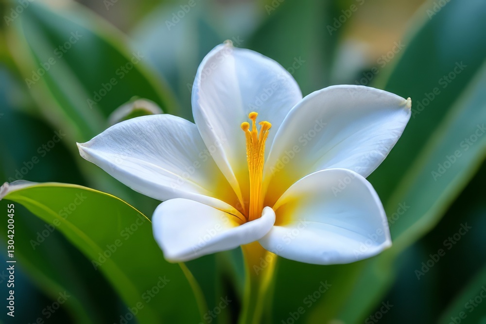 Obraz premium Closeup of a Beautiful White Plumeria Flower with Green Leaves