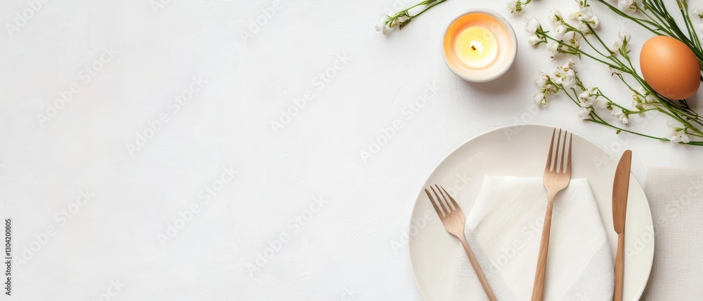 Elegant Easter Table Setting with Gold Cutlery and White Napkin Elegant Easter Table Setting with Gold Cutlery and White Napkin