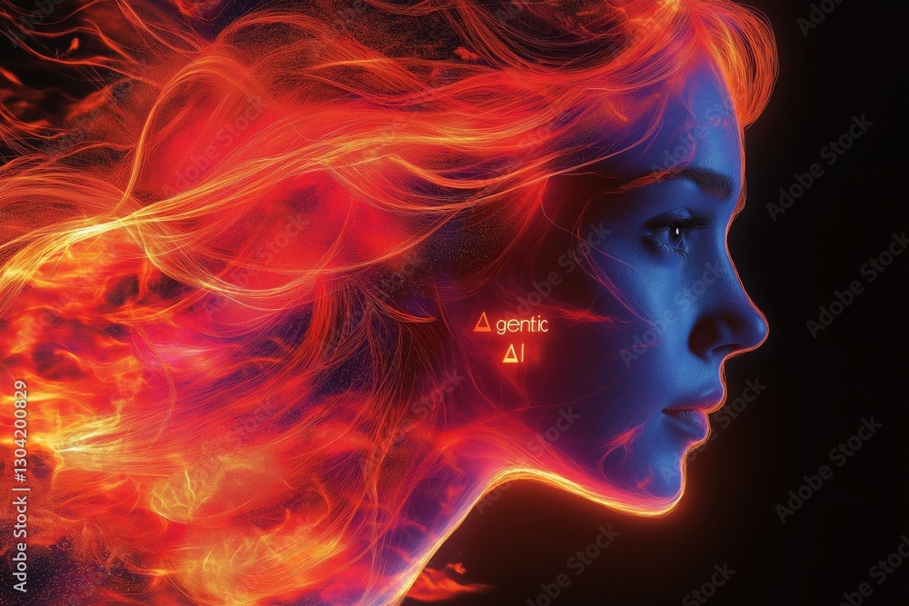 Agentic AI Woman Profile - Fiery Digital Art, Futuristic Tech Concept Agentic AI Woman Profile - Fiery Digital Art, Futuristic Tech Concept