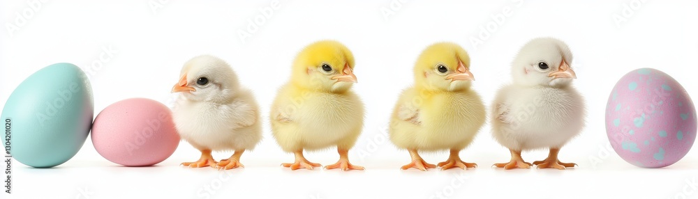 Fototapeta premium Five Fluffy Baby Chicks with Pastel Easter Eggs on White Background