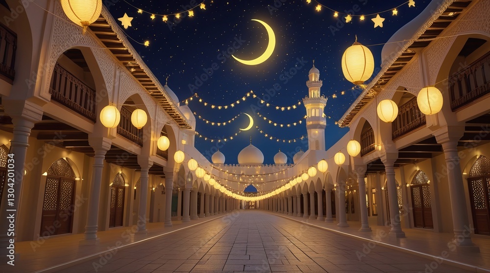 Obraz premium Serene nighttime view of a beautifully lit market with traditional lanterns and a crescent moon in the sky