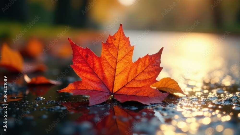 Autumnal Leaf Reflecting Golden Hour Light on a Wet Surface Autumnal Leaf Reflecting Golden Hour Light on a Wet Surface